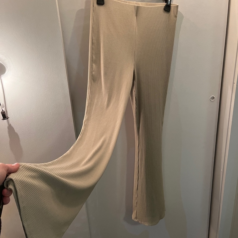 Medium light green H&M flare pants, very comfy, longer length